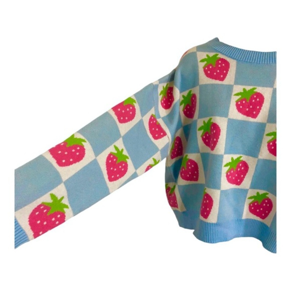 Blue White Strawberry Checkered Pattern Crew Neck… - image 8